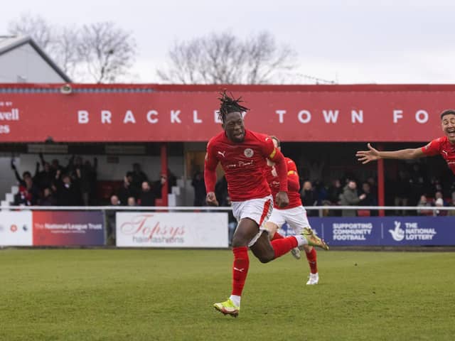 Brackley Town's Shepherd Murombedzi shows his delight after his stunning strike in last weekend's 1-0 win over AFC Fylde. Pictures by Glenn Alcock
