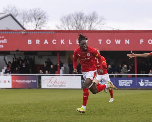 Brackley Town's Shepherd Murombedzi shows his delight after his stunning strike in last weekend's 1-0 win over AFC Fylde. Pictures by Glenn Alcock