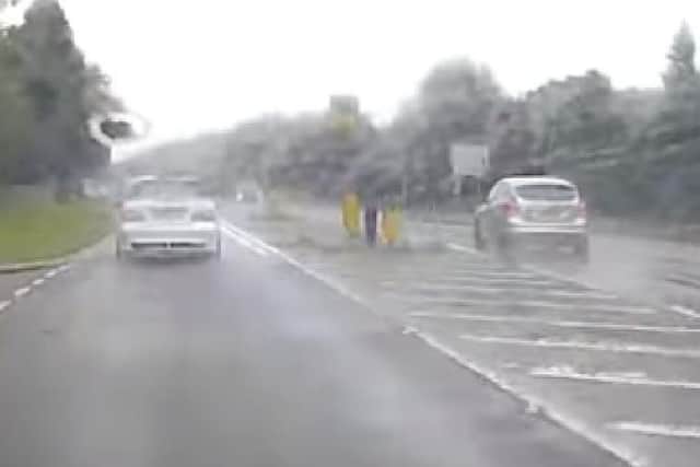 Dashcam footage helped prosecute the driver overtaken the wrong side of this traffic island. Photo Northamptonshire Police