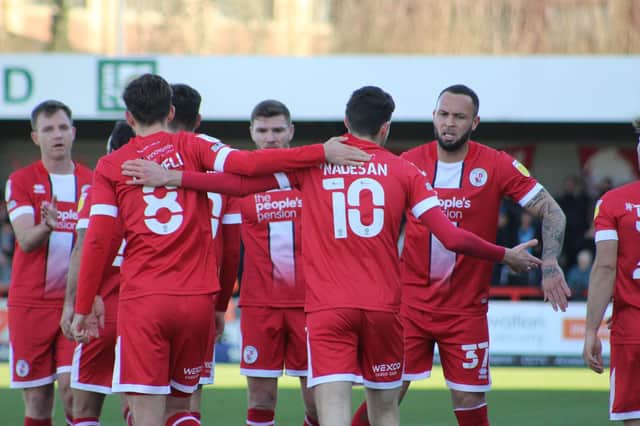 Crawley Town celebrate a goal against Forest Green Rovers. Picture by Cory Pickford