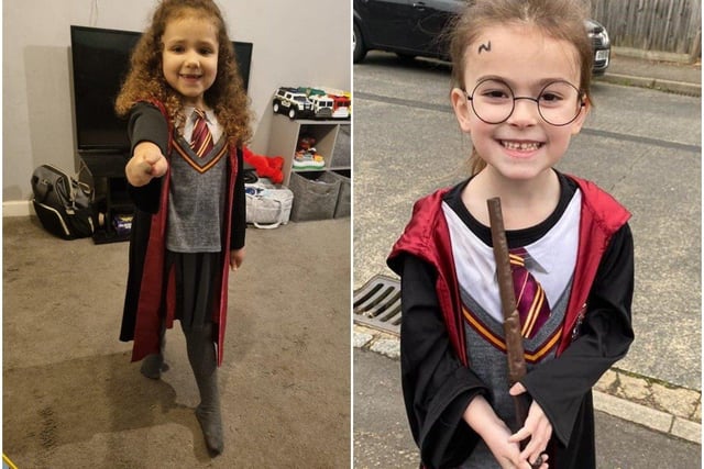 Brooke, five, from St Catherine's Catholic Primary School dressed as Hermione Granger, sent in by Cherrelle Dythe, and Heidi, five, as Harry Potter, sent in by Kirstyanne Roberts