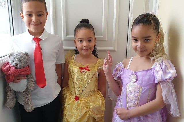 River Beach Primary School pupils Elijah, seven, as George and Captain Underpants, Laila, five, as Rapunzel, and Amaia, four, as Belle from Beauty and the Beast, sent in by Angela Slade