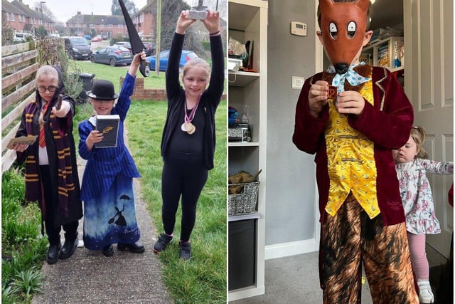 White Meadows Primary Academy pupils Alyssa, nine, Abi-Mae, seven, and Mia-Hope, 11, dressed as Harry Potter, Mary Poppins and a gymnast, sent in by Suzanne Critchley, and six-year-old Spencer from Yapton Primary School as Fantastic Mr Fox, sent in by Nicki Read