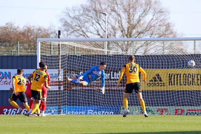 Scott Pollock scored this header just 10 minutes into his Boston debut. Picture: Peter Short.