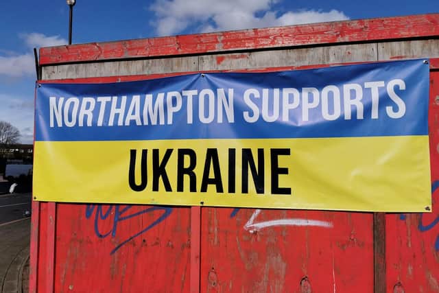 Northampton supports Ukraine flag outside Tesco Express in Wellingborough Road