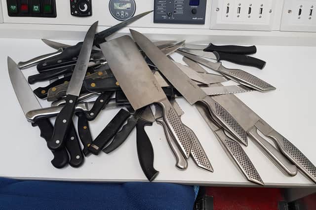 This collection of knives binned included a six-piece set branded by TV chef Antony Worrall Thompson. Photo: @NptonPolice