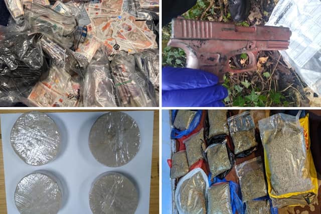 Some of the drugs, cash and weapons seized by Special Ops police during a series of raids in Northamptonshire and four other counties earlier this month