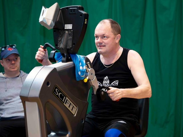 James O'Neill, 52, rowed and hand cycled for two hours straight at the Lings Forum Trilogy leisure centre on Sunday, March 20 to raise money for Diabetes UK. Photo by Kirsty Edmonds.