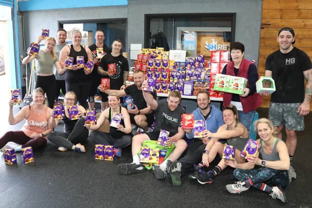 ShireFit staff and members with Jeanette and the eggs collected