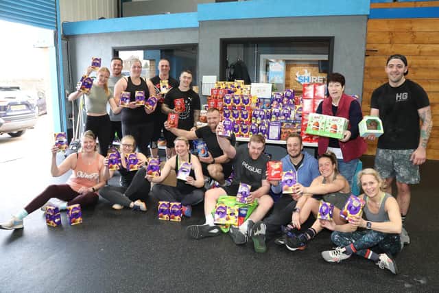 ShireFit staff and members with Jeanette and the eggs collected