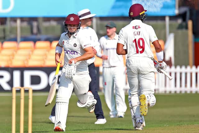 Ben Curran and Emilio Gay put on 50 for the first wicket for Northamptonshire against Leicestershire at Grace Road (Pictures: Peter Short)