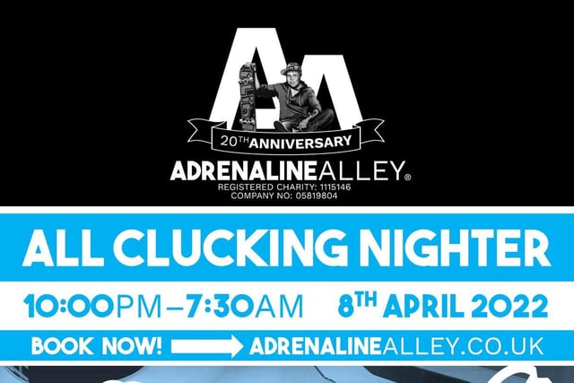 Ride/skate through the night at Adrenaline Alley’s Easter special all clucking nighter. Win prizes for doing tricks in the Official Eggs Games (scoot, BMX, skateboard, and inline/quad). It's going to be a cracking night, advance booking recommended. It costs £22 for gold members,  £27 for standard members and
£5 for spectators (pay on the door).