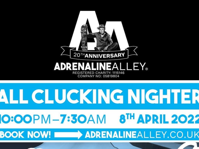 Ride/skate through the night at Adrenaline Alley’s Easter special all clucking nighter. Win prizes for doing tricks in the Official Eggs Games (scoot, BMX, skateboard, and inline/quad). It's going to be a cracking night, advance booking recommended. It costs £22 for gold members, £27 for standard members and
£5 for spectators (pay on the door).