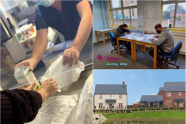 The 'Hand-Up' service supports up to 35 homeless people a day with food parcels (left) and a Learning 4 Living service (top right) - all funded by Mulberry Homes' Meadow View Fields development in Moulton (bottom right).