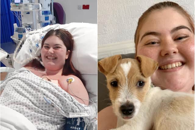 Hayley three days after her operation (left) and with her dog (right).