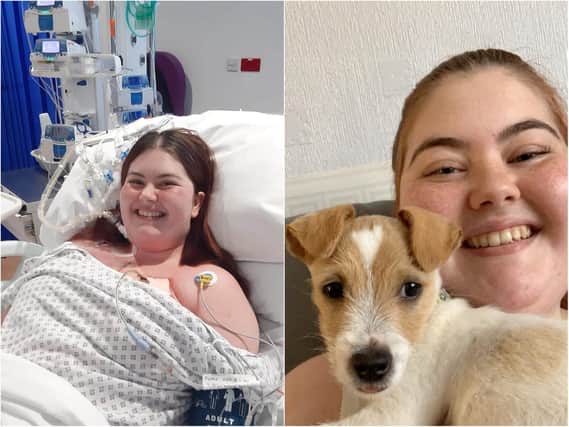 Hayley three days after her operation (left) and with her dog (right).