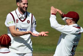Wayne Parnell celebrates after claiming his first wicket for Northants, Glamorgan opener David Lloyd