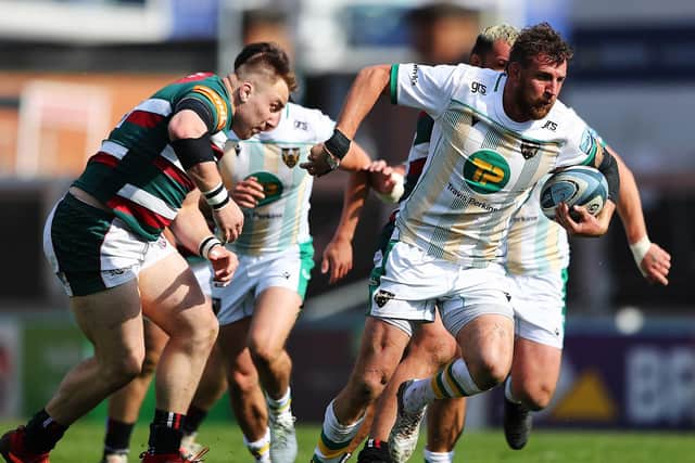 Tom Wood on the charge at Welford Road