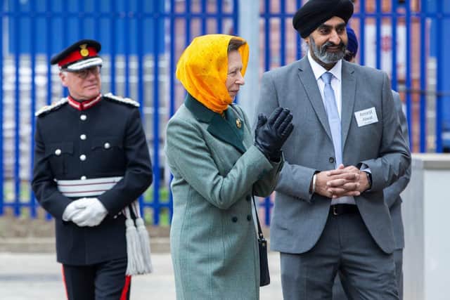Princess Anne visits Siri Guru Singh Sabha with gurdwara trustee Amarjit Atwal Singh and Lord Leiutenant of Northamptonshire James Saunders Watson. Photo: Royal Family