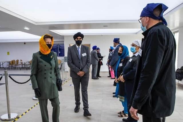 Princess Anne meets Siri Guru Singh Sabha volunteers with gurdwara trustee Amarjit Atwal Singh. Photo: Royal Family