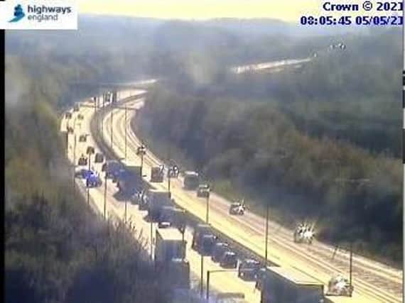 Highways England jamcams showed traffic crawling with one lane blocked near Rothwell