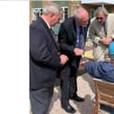 Freemasons Andrew Ward, David Burton and Gerry Crawford meeting Deafblind UK members