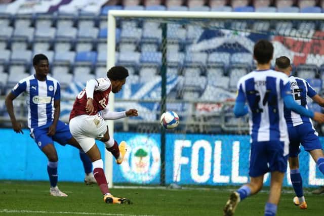 Caleb Chukwuemeka scores in the 3-2 League One win at Wigan Athletic in October