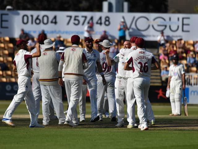 Norhants celebrate a wicket in their win over Durham in September, 2019 - the last time spectators were allowed inside the County Ground (Picture: Dave Ikin)