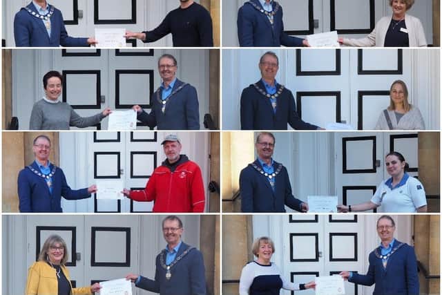 Towcester mayor Richard Dallyn presents the Citizen of the Year award to (clockwise from top left) Carl McGregor, Lesley Driscoll, Teresa Collings, Jemma Jones-Hayes, Pam Adams, Sue Hamilton, Darren Smith and Kay Miller. Photos: Towcester Town Council