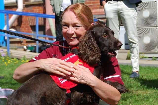 KGH Research Nurse Margaret Turns and Bramble during the bio-detection dogs' visit to Kettering last year