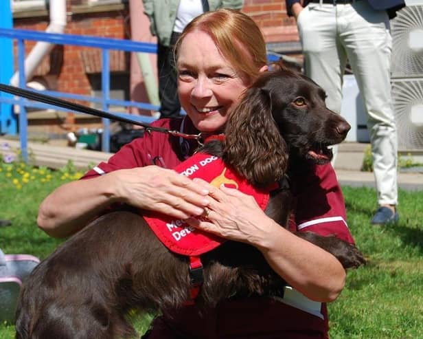 KGH Research Nurse Margaret Turns and Bramble during the bio-detection dogs' visit to Kettering last year