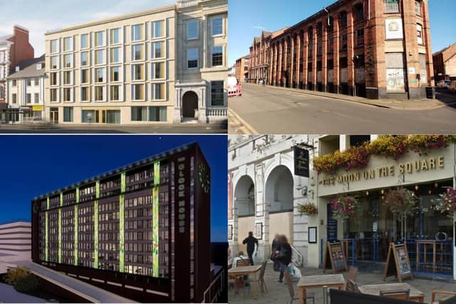 From left to right: Debenhams, G T Hawkins, Belgrave House, former Moon on the Square