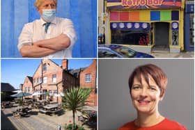 (Clockwise from top left): Prime Minister Boris Johnson on a trip to a hospital this week (Getty Images). Retro Bar on Bridge Street, Northampton (Google). Northampton Town Centre Business Improvement District co-chair Kerry Reynolds. The Old White Hart in Cotton End, Northampton