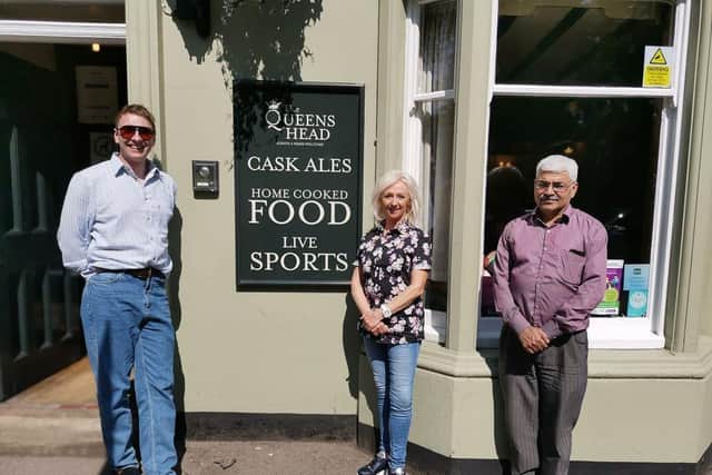 Joe Lycett, Debbie McGee and Mark Silcox take a break from filming at the Queen's Head
