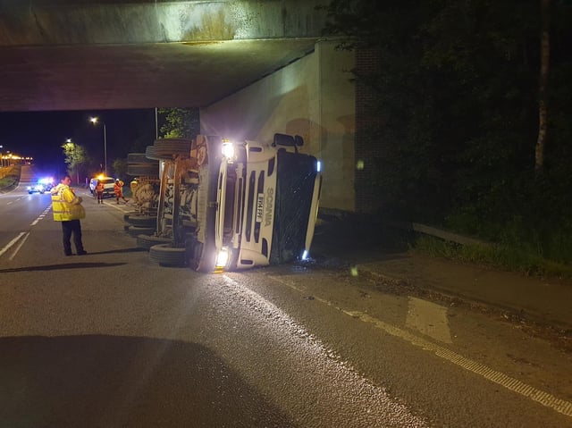 The lorry overturned after crashing into Wooldale Road Bridge in Wootton.