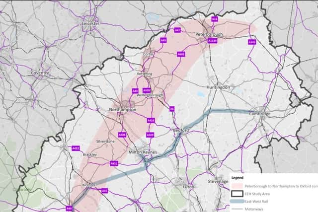 Image by England's Economic Heartland. The 'Northern Arc', shown in red, would create a railway link between Peterborough, Northampton an Oxford.