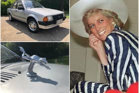 Princess Diana's 1981 Ford Escort, complete with silver frog mascot on the bonnet, is being auctioned later this month. Photos: Reeman Dansie and Getty Images