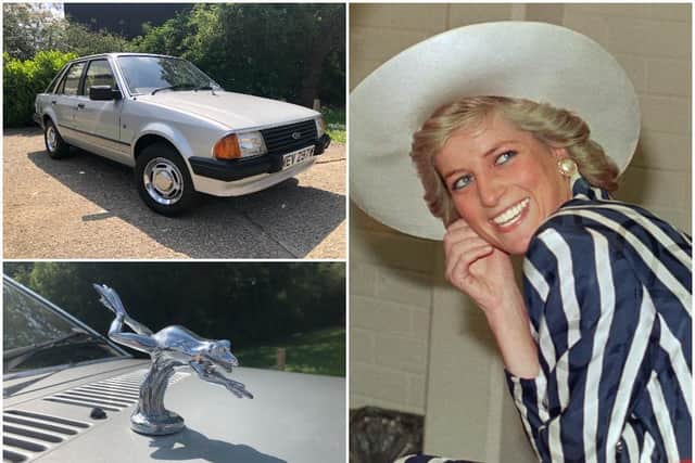Princess Diana's 1981 Ford Escort, complete with silver frog mascot on the bonnet, is being auctioned later this month. Photos: Reeman Dansie and Getty Images