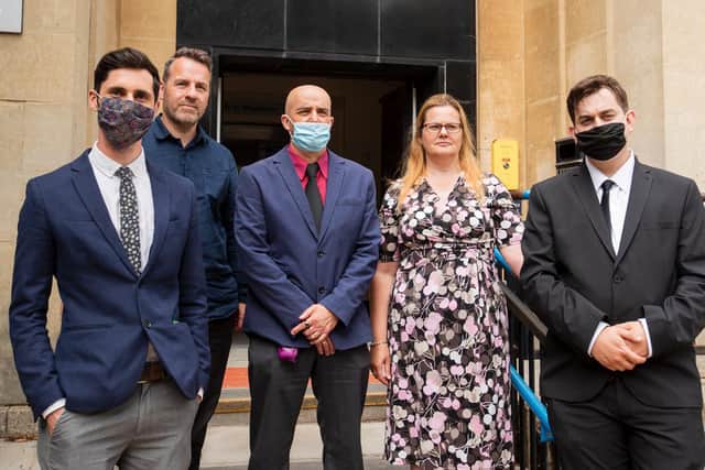 Five of The Barclaycard Six outside Northampton Magistrates Court on Thursday, (June 17).(left to right) Martyn Lyman, David Lane, Alan Heath, Linda Davidsen, Luke Adams Photo: Leila Coker