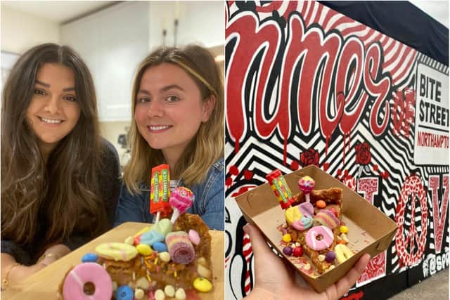 Alice Gregory (left) and Lottie Slee (right) with their 'Give them a pay rise, Boris' cookie pie