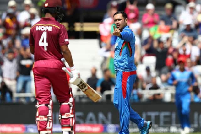 Mohammad Nabi celebrates a wicket for Afghanistan against the West Indies at the 2019 50-over World Cup