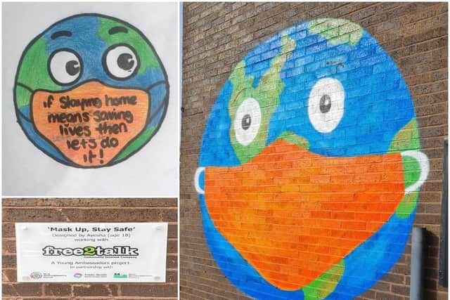 Mask Up, Stay Safe is the new artwork at Mayorhold Car Park in Northampton designed by Ayesha, 18, from Semilong Youth Group, with her original drawing in the top left