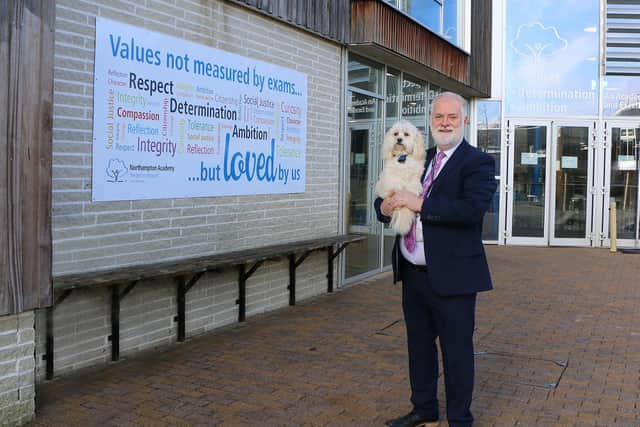 Northampton Academy business manager Jed Queally, who won support staff of the year at United Learning's Best in Everyone Awards 2021, and his therapy dog Lily
