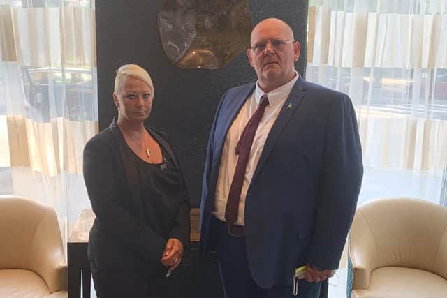 Harry Dunn's parents, Charlotte Charles and Tim Dunn, ahead of giving evidence in their damages claim against Anne Sacoolas in the Alexandria District Court in Virginia, United States
