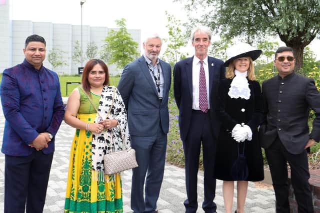 (L-R) Conservative Friends of Bangladesh secretary Naz Islam, mayor Rufia Ashraf, University of Northampton vice-chancellor Nick Petford, Hugh Lowther, High Sheriff of Northamptonshire Amanda Lowther and restaurateur Tipu Rahman at the event to celebrate 50 years of Bangladeshi indepedence at the university's Waterside campus