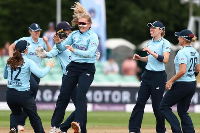 England's Sophie Ecclestone celebrates taking a wicket in the ODI defeat to India at New Road on Sunday