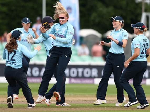 England's Sophie Ecclestone celebrates taking a wicket in the ODI defeat to India at New Road on Sunday
