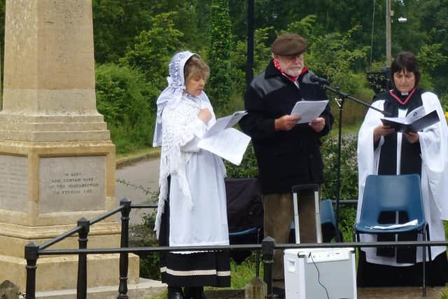 The then Rev Sarah Brown with Prunella Scales and Timothy West at the 2014 WWI Centenary Service by the newly resored Braunston War Memorial. Picture: Tim Coghlan