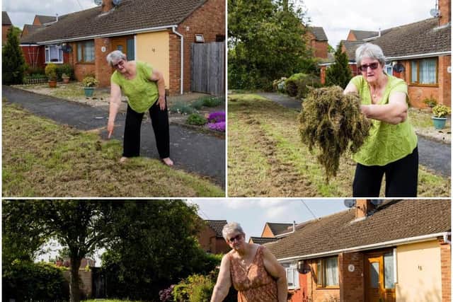 Anne Harris outside of her home in Clipston Way, Duston. The two pictures at the top are from May, which is when the council left grass cuttings to rot. The bottom pictures is Anne this month (July) standing in the uncut grass. Photo: Leila Coker