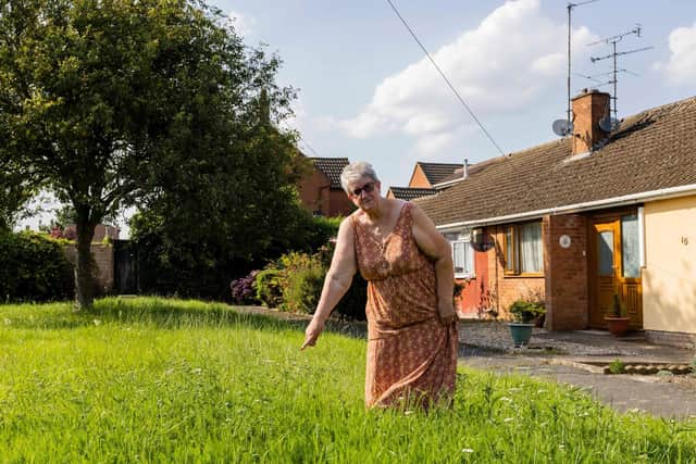 Anne Harris standing in the uncut grass outside her home